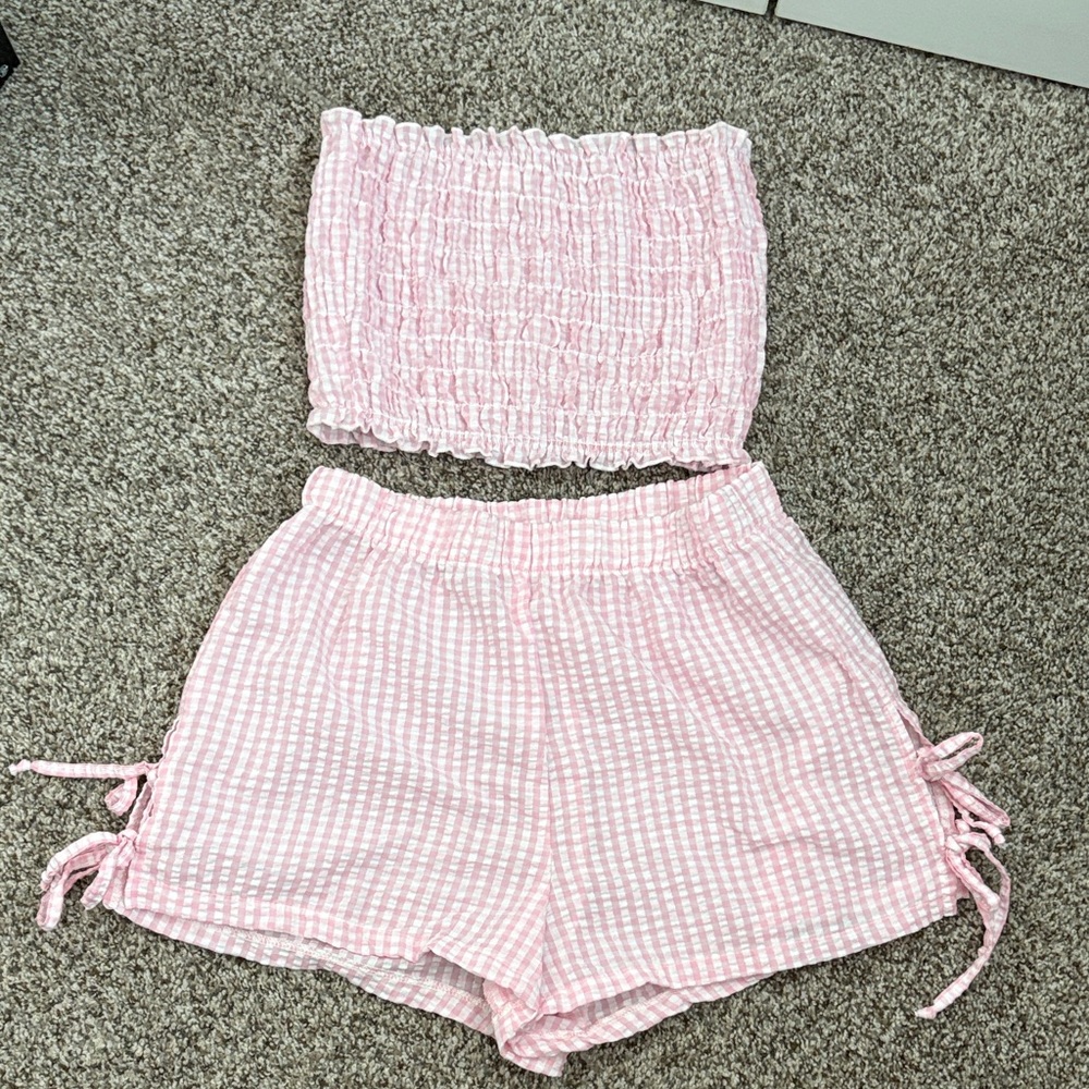 Altar’d State Pink Gingham Tube Top and Shorts Set